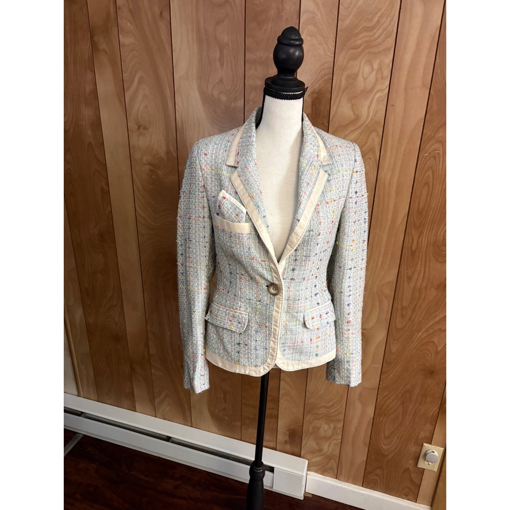 Carlos Sierra Women Multicolor Confetti Tweed Blazer Blue Cream Trim Size Small